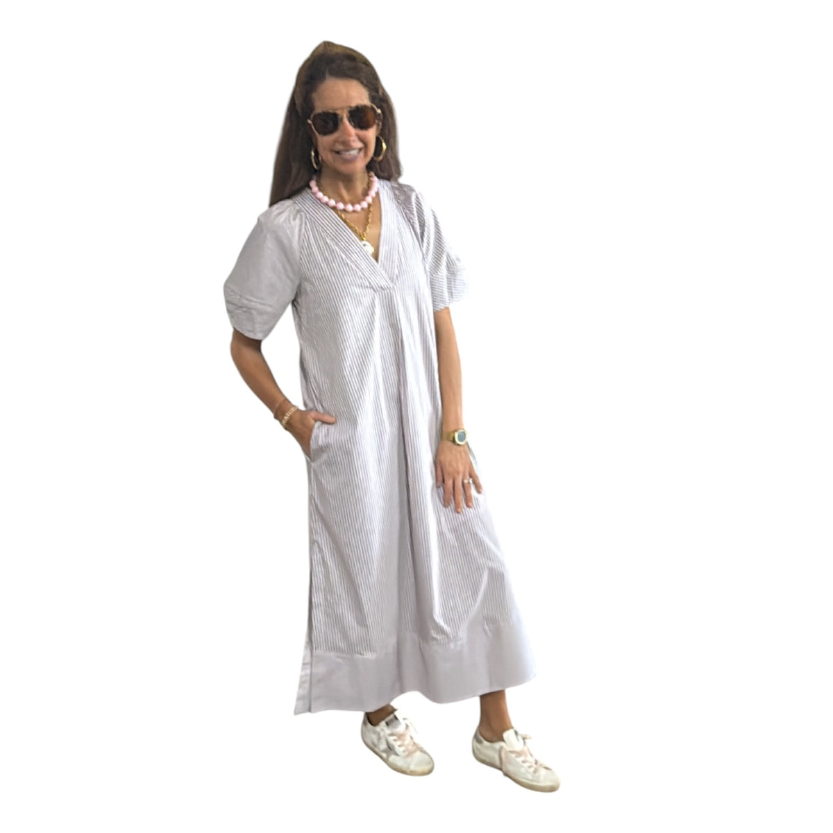 BROWN STRIPE POPLIN SIGNATURE MAXI