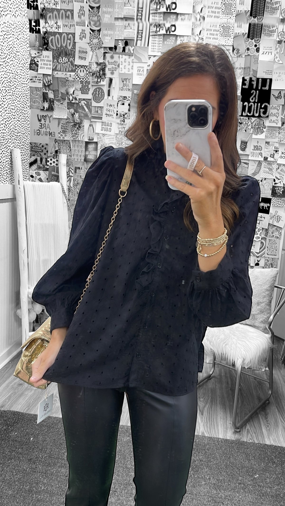 BLACK EYELET RUFFLE BUTTON BLOUSE