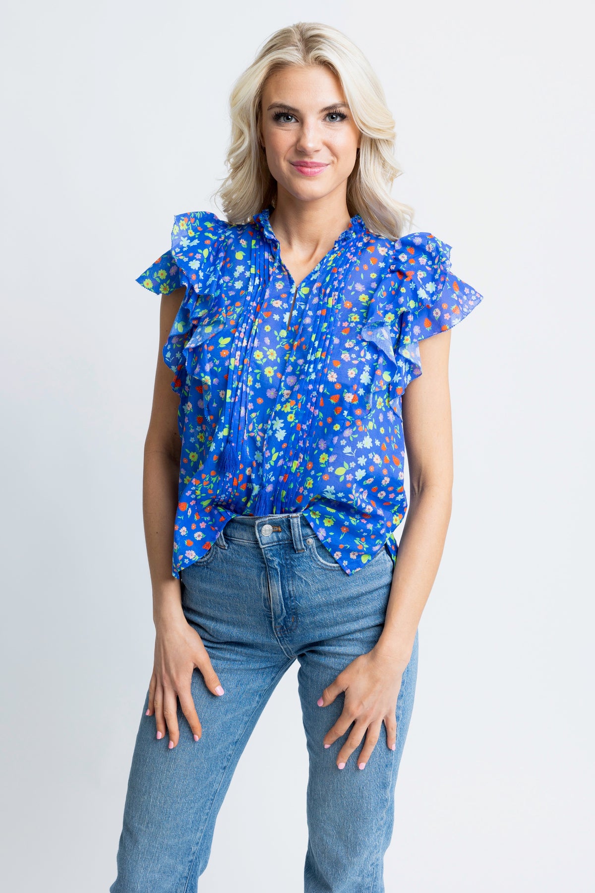 BLUE SUMMER VNECK RUFFLE TOP
