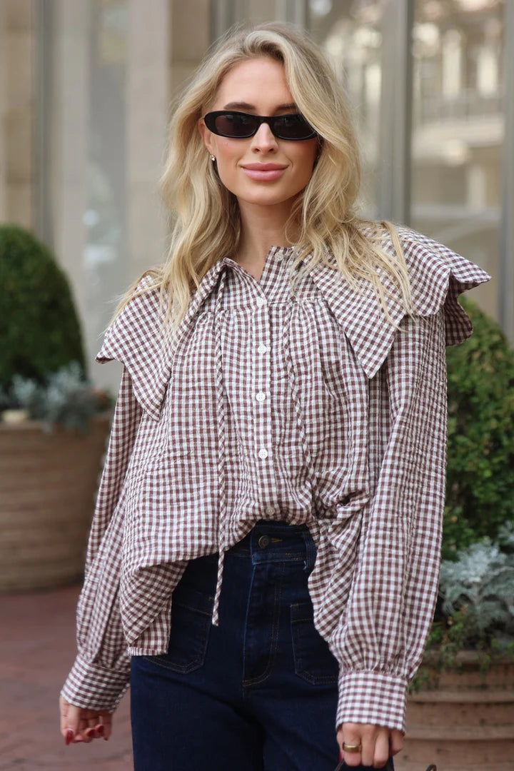 BROWN GINGHAM PETER PAN COLLAR TOP