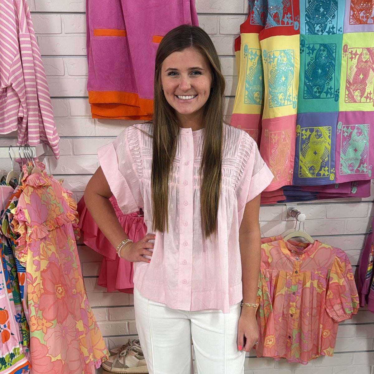 BLUSH RUFFLED BUTTON UP TOP