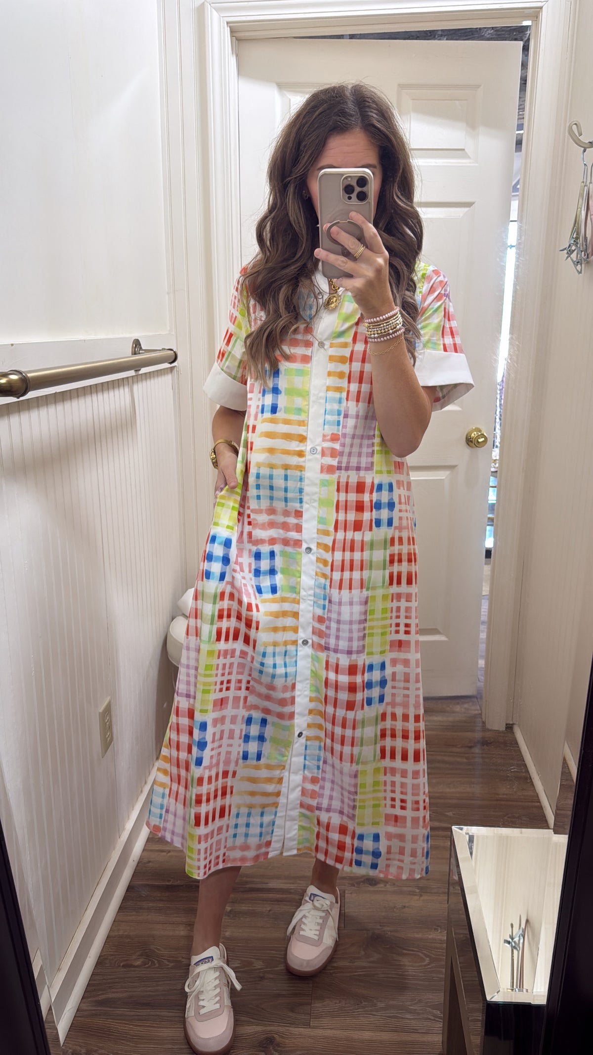 BRIGHT PLAID COLLARED BUTTON MIDI