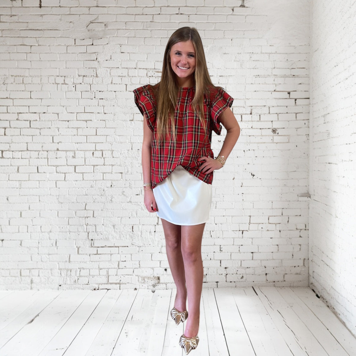 RED PLAID RUFFLED SLV TOP