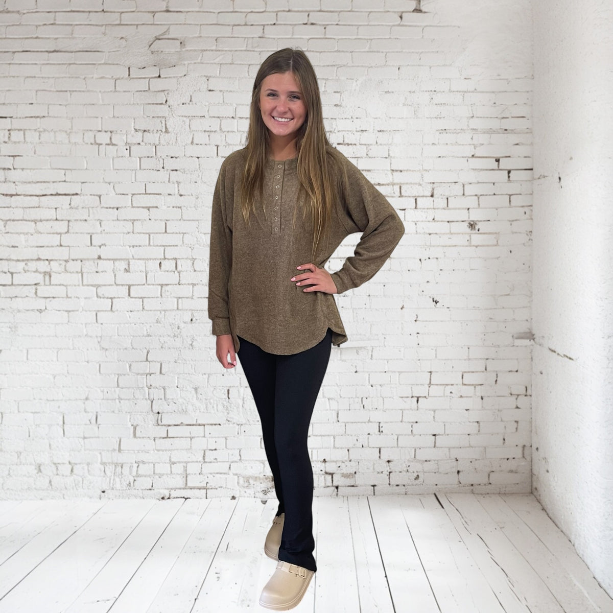 MOCHA MAGGIE HACCI HENLEY SWEATER-FINAL SALE