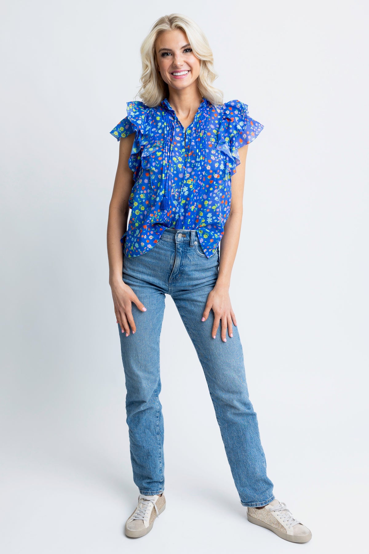 BLUE SUMMER VNECK RUFFLE TOP