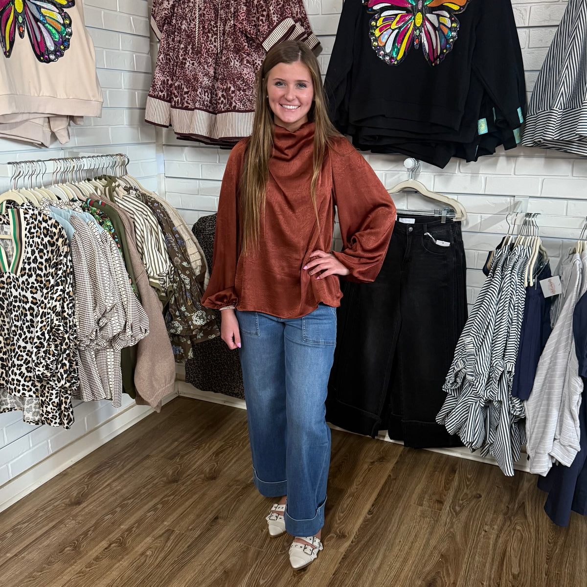 COGNAC DRAPED MOCK NECK TOP