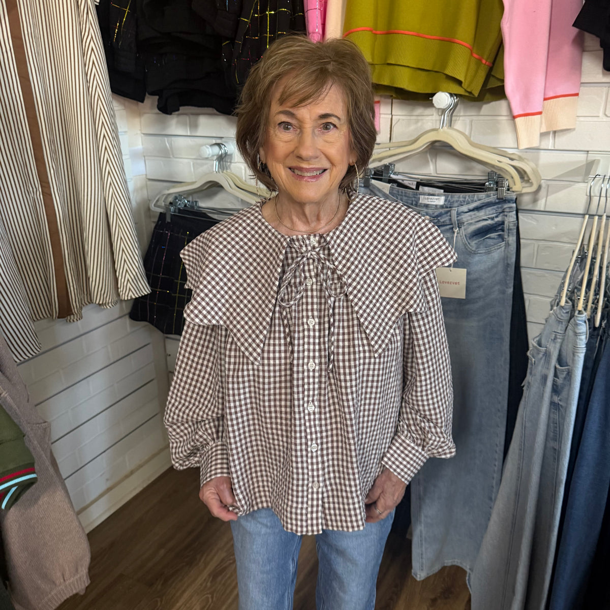 BROWN GINGHAM PETER PAN COLLAR TOP