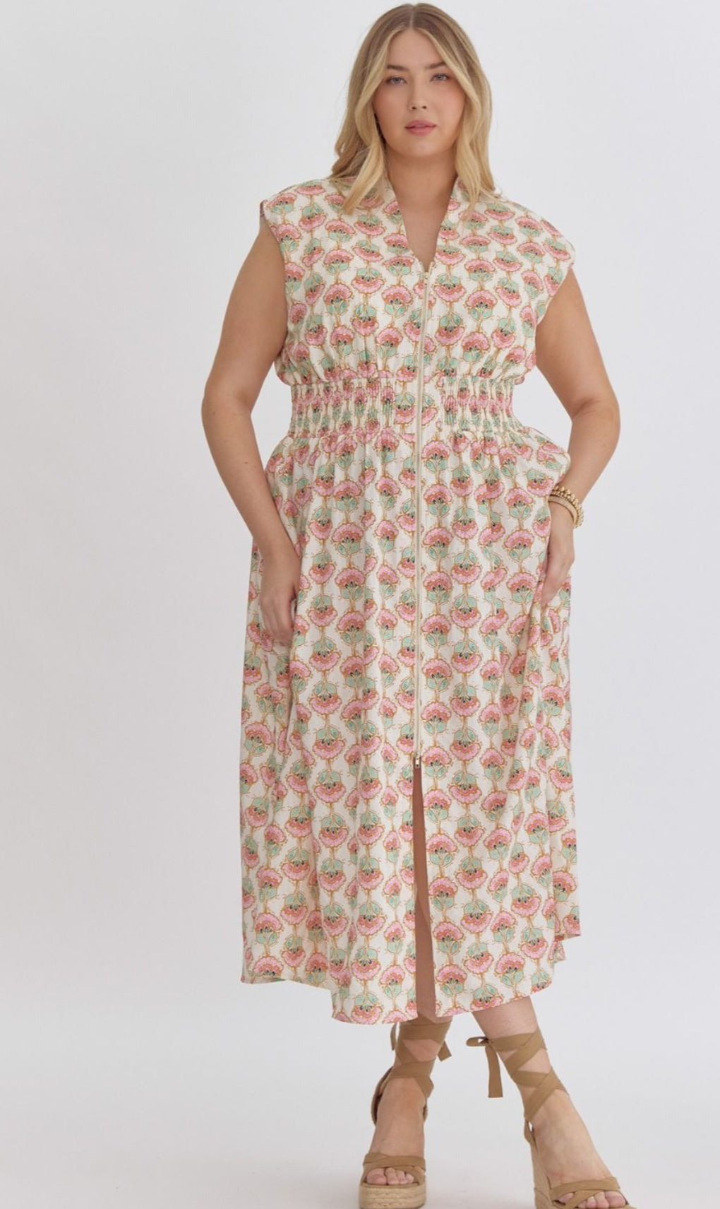 CREAM PRINTED VNECK MIDI- FINAL SALE