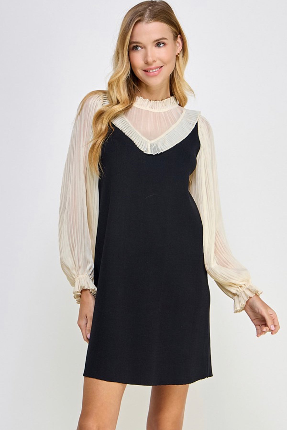 CREAM AND BLACK PLEATED BLOUSE DRESS