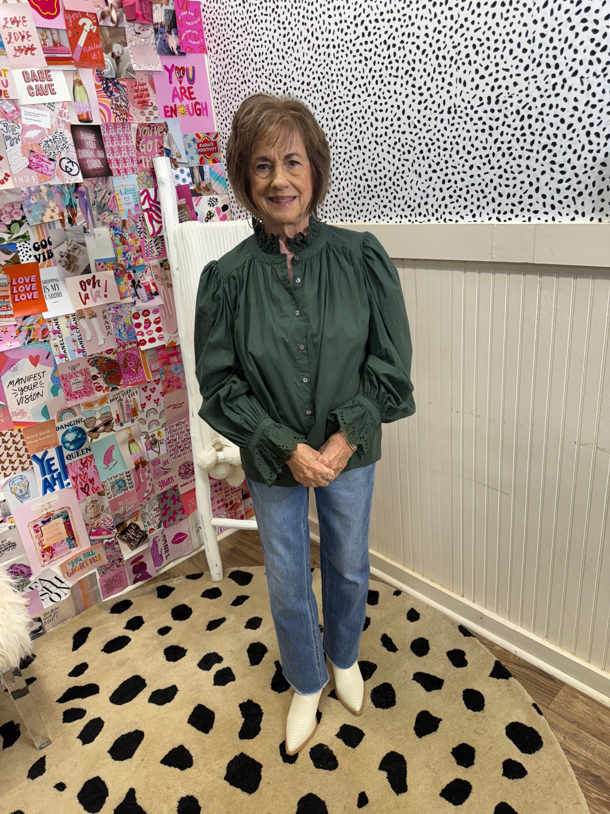 OLIVE RUFFLE EYELET BUTTON TOP