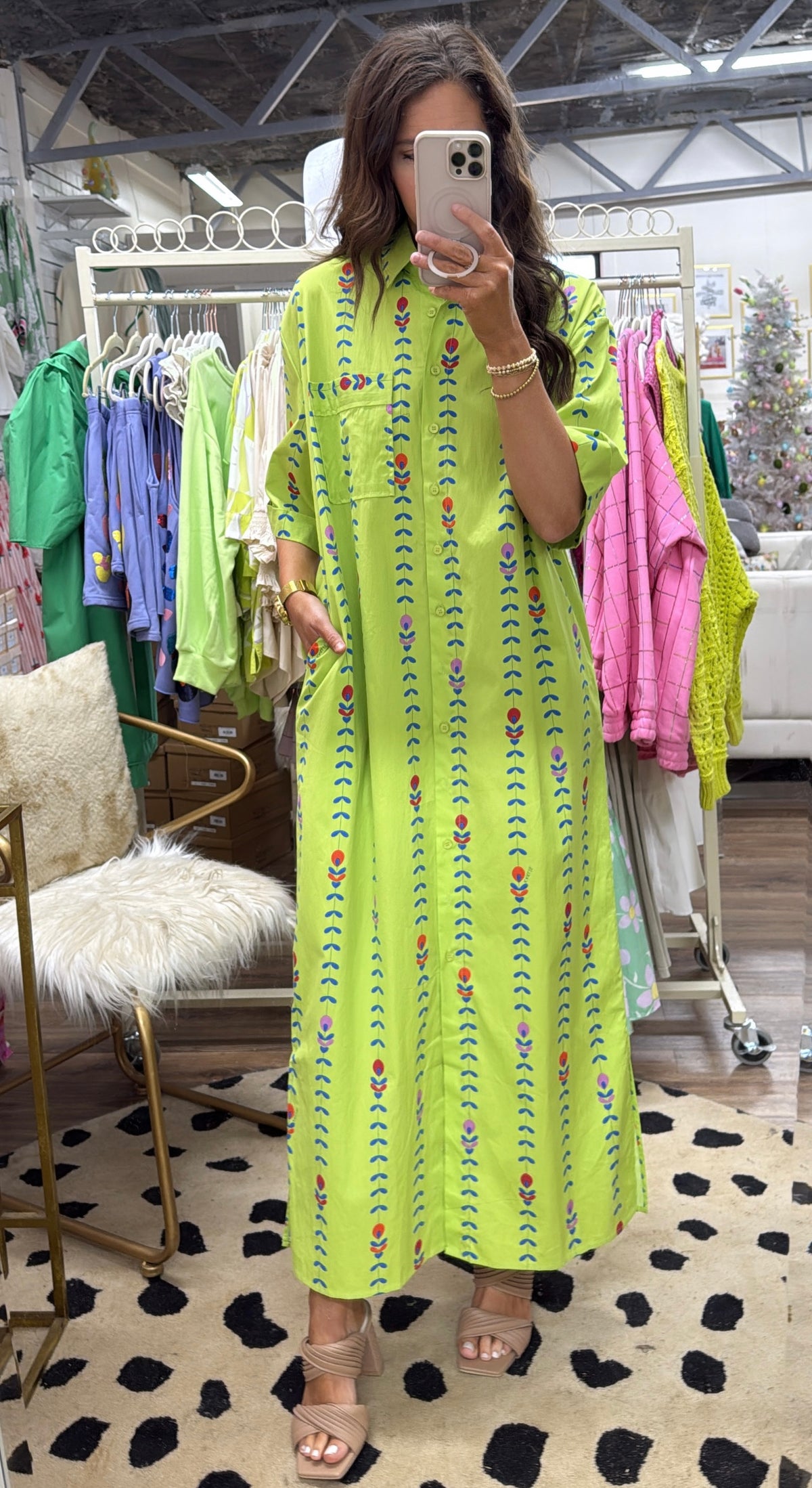 LIME FLORAL VINE MAXI SHIRT DRESS