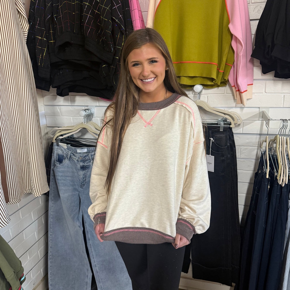 BROWN & PINK CONTRAST STITCH SWEATSHIRT