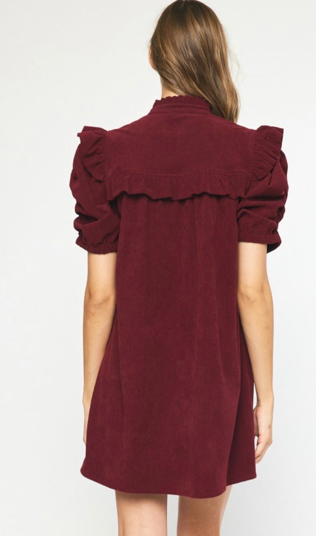BURGUNDY CORDUROY PUFF SLV DRESS