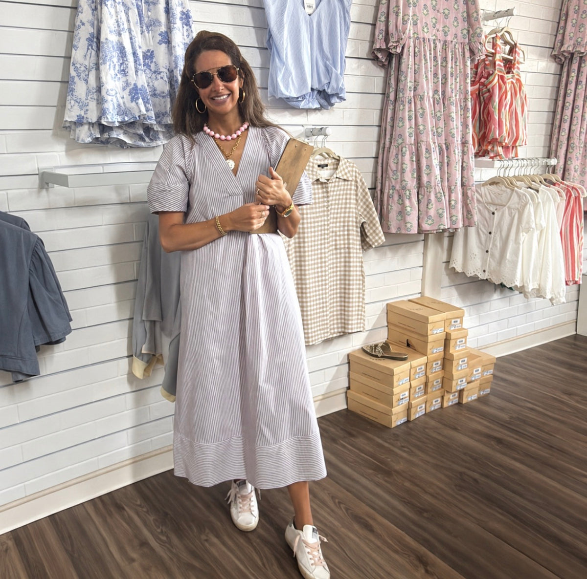 BROWN STRIPE POPLIN SIGNATURE MAXI