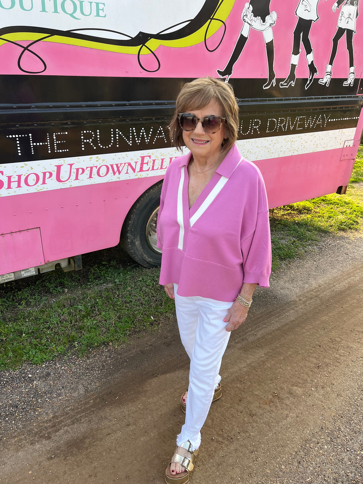 PINK IVORY CONTRAST COLLAR TOP