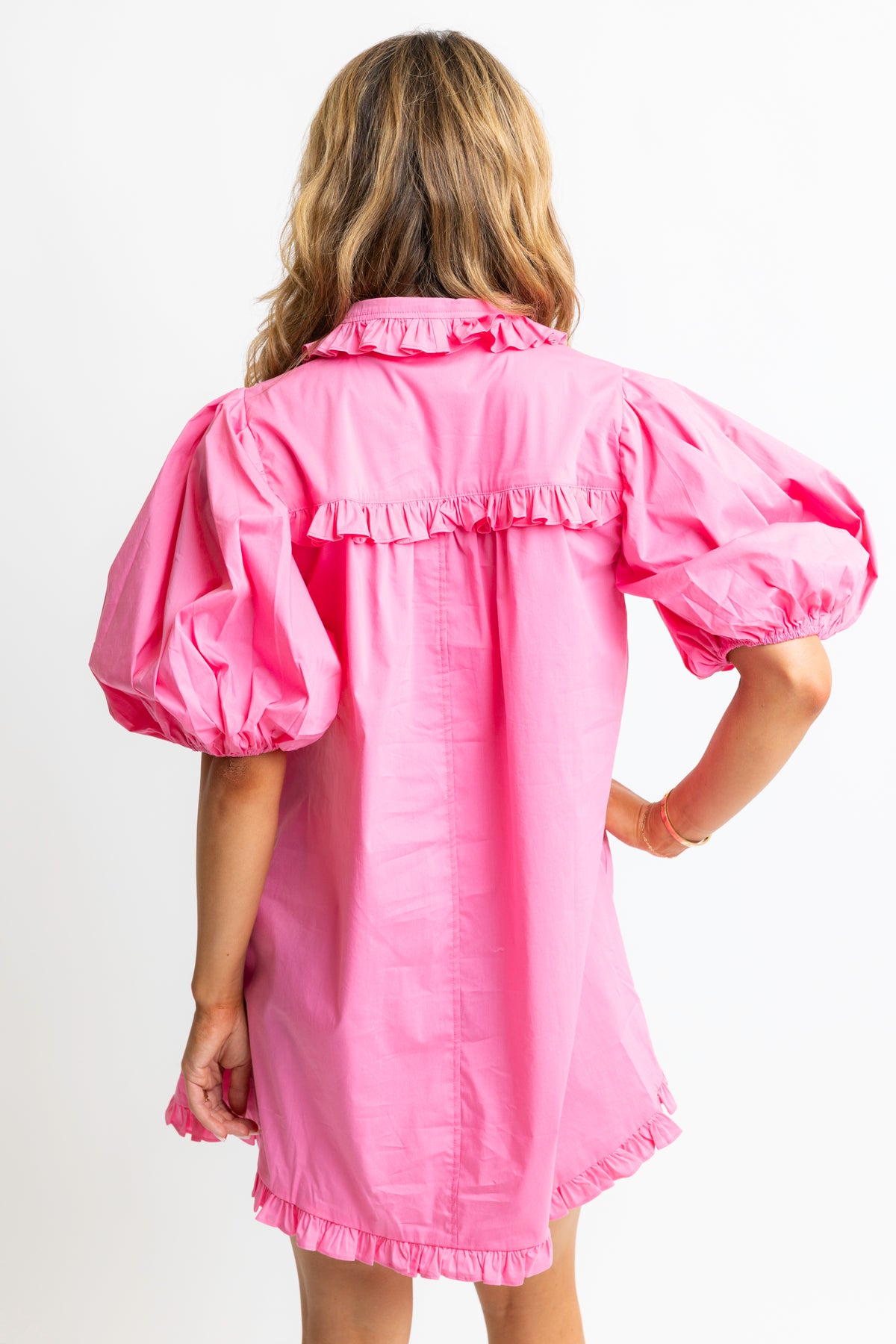 PINK PUFF SLV RUFFLE DRESS