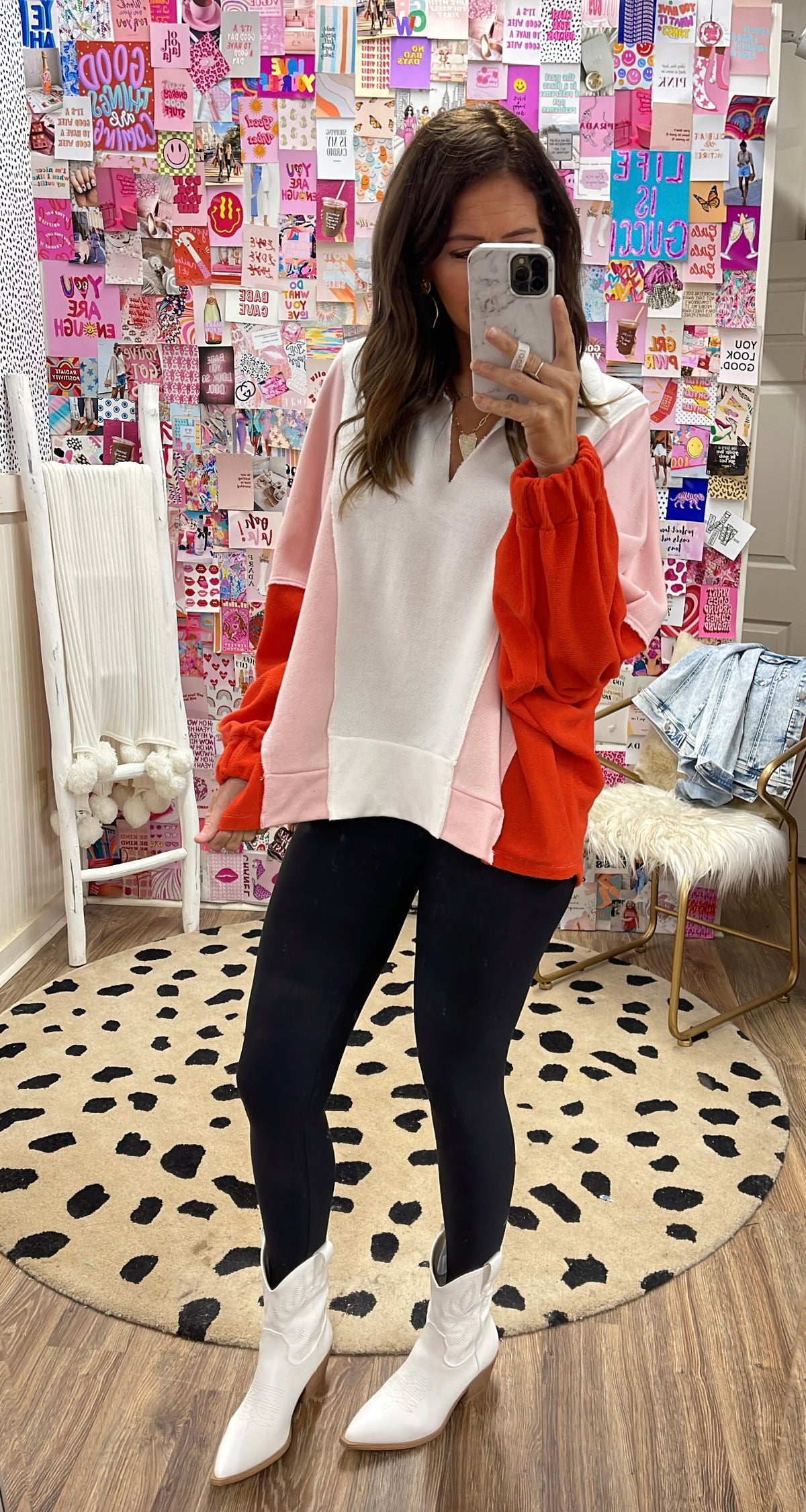 WHITE RED PINK COLLARED VNECK TOP