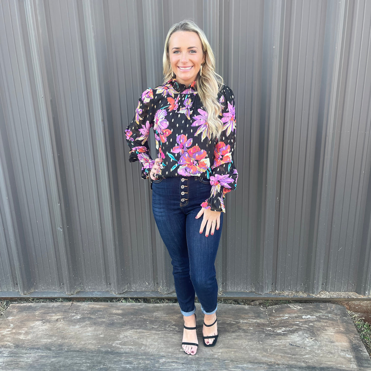 FLORAL CHIFFON SMOCKED BLOUSE