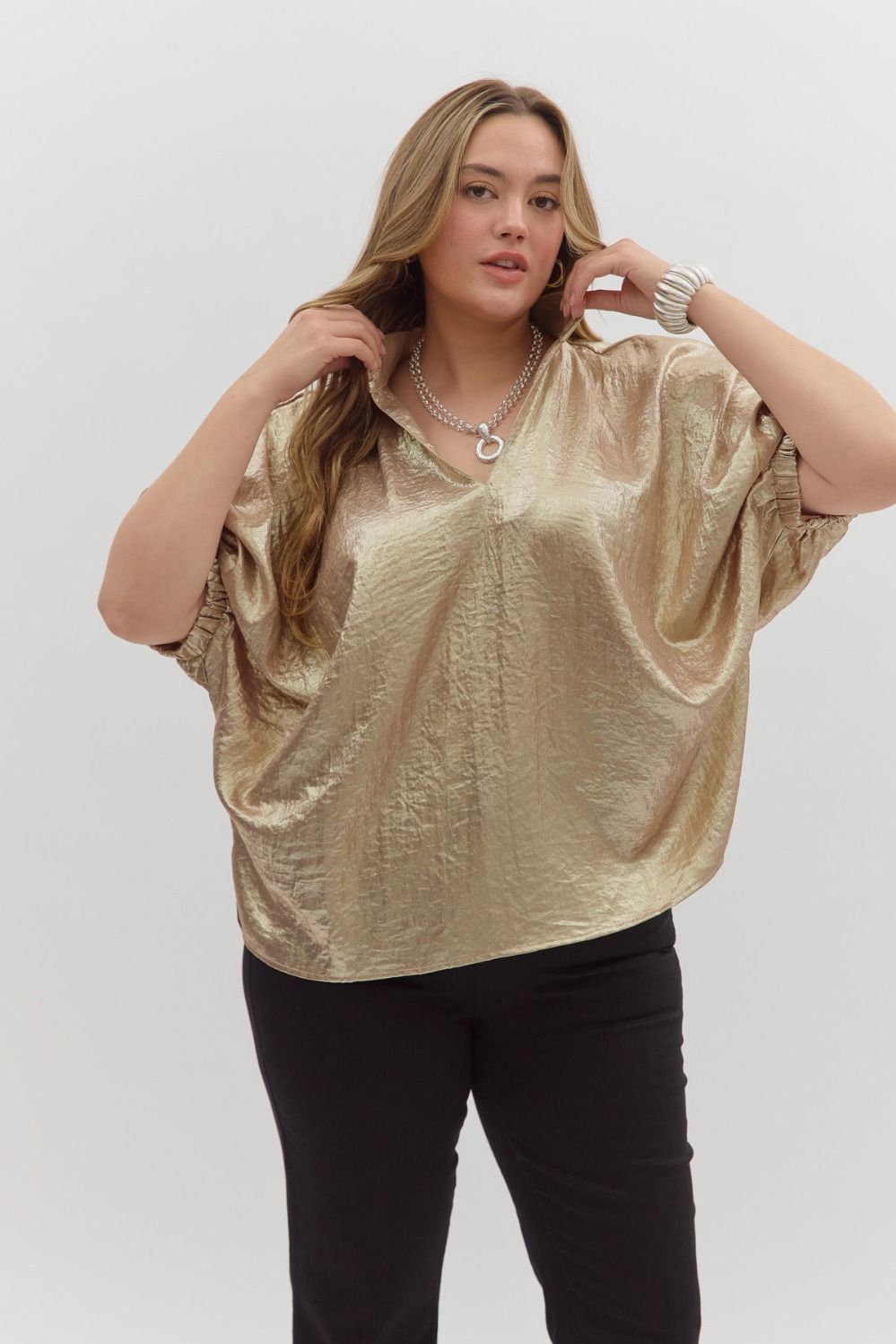 GOLD METALLIC VNECK DOLMAN SLV TOP