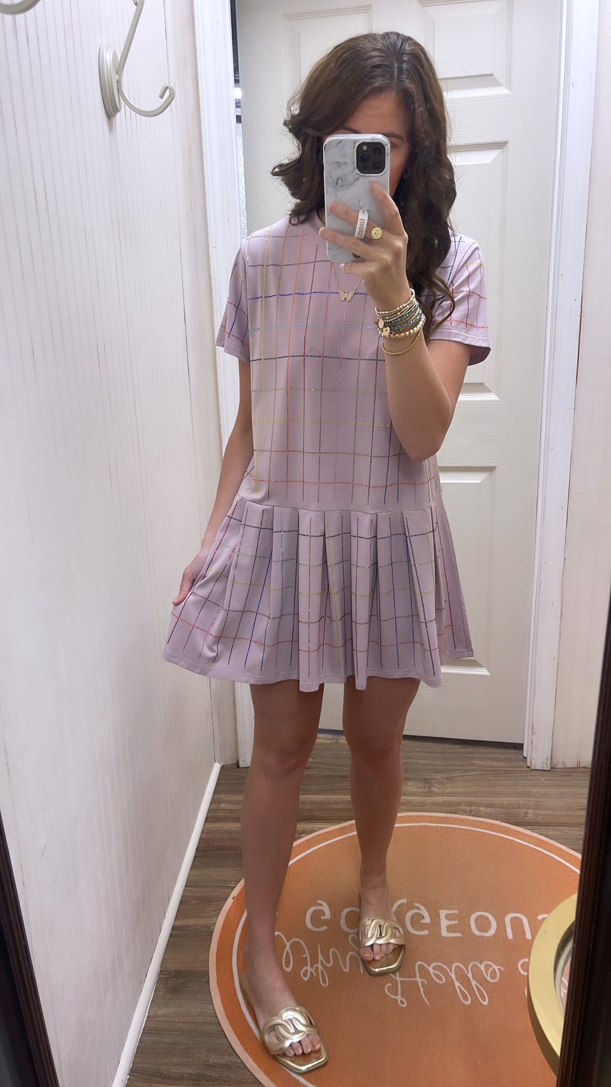 QOS PINK RHINESTONE PLAID TEE DRESS