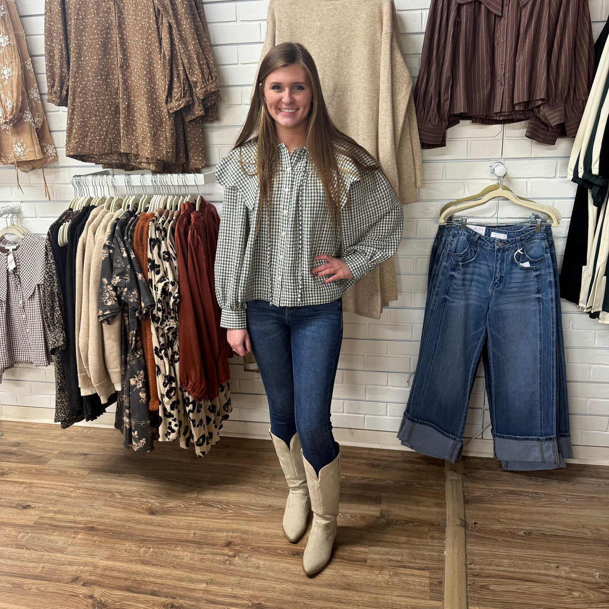 GREEN GINGHAM PETER PAN COLLAR TOP