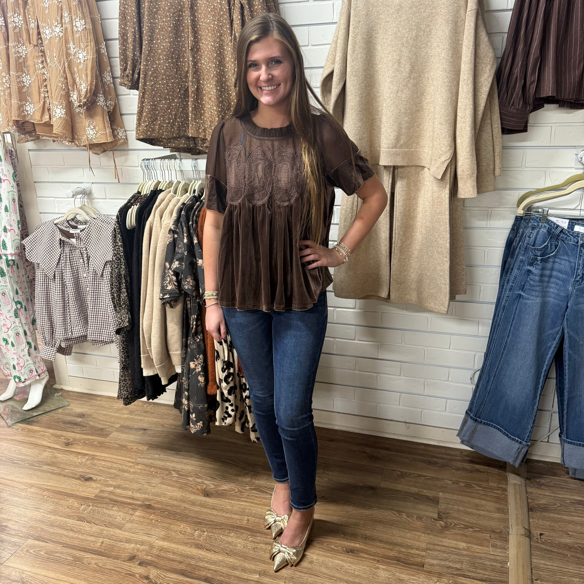 BROWN VELVET LACE BABYDOLL TOP