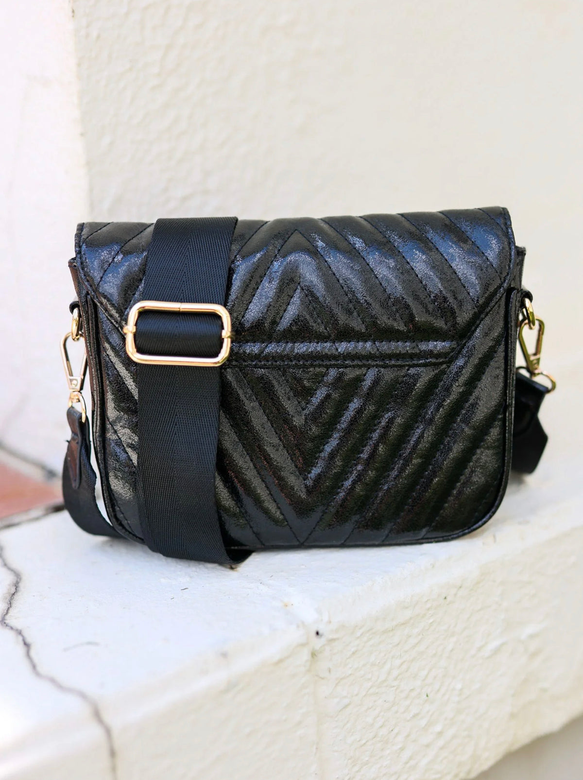 ANGELA BLACK SHIMMER QUILTED CROSSBODY