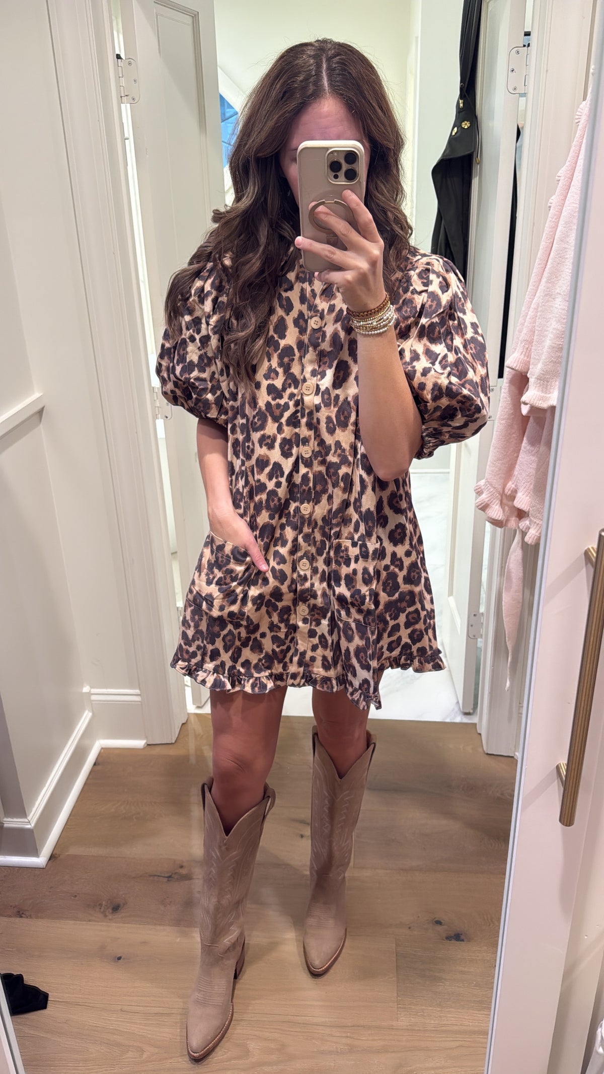 LEOPARD RUFFLE DENIM DRESS