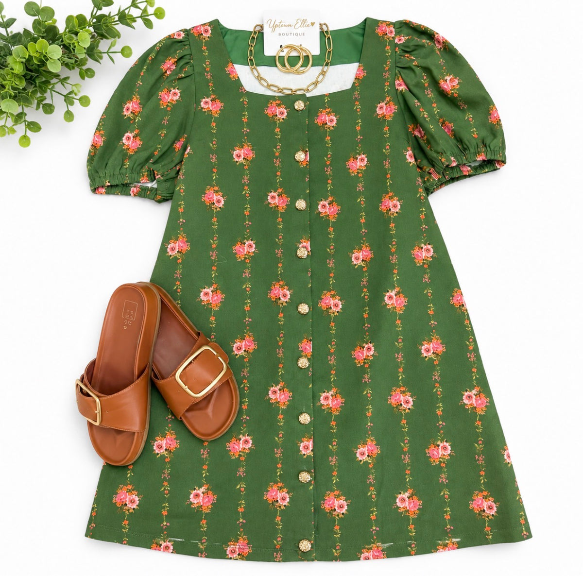 OLIVE FLORAL SQUARE NECK DRESS
