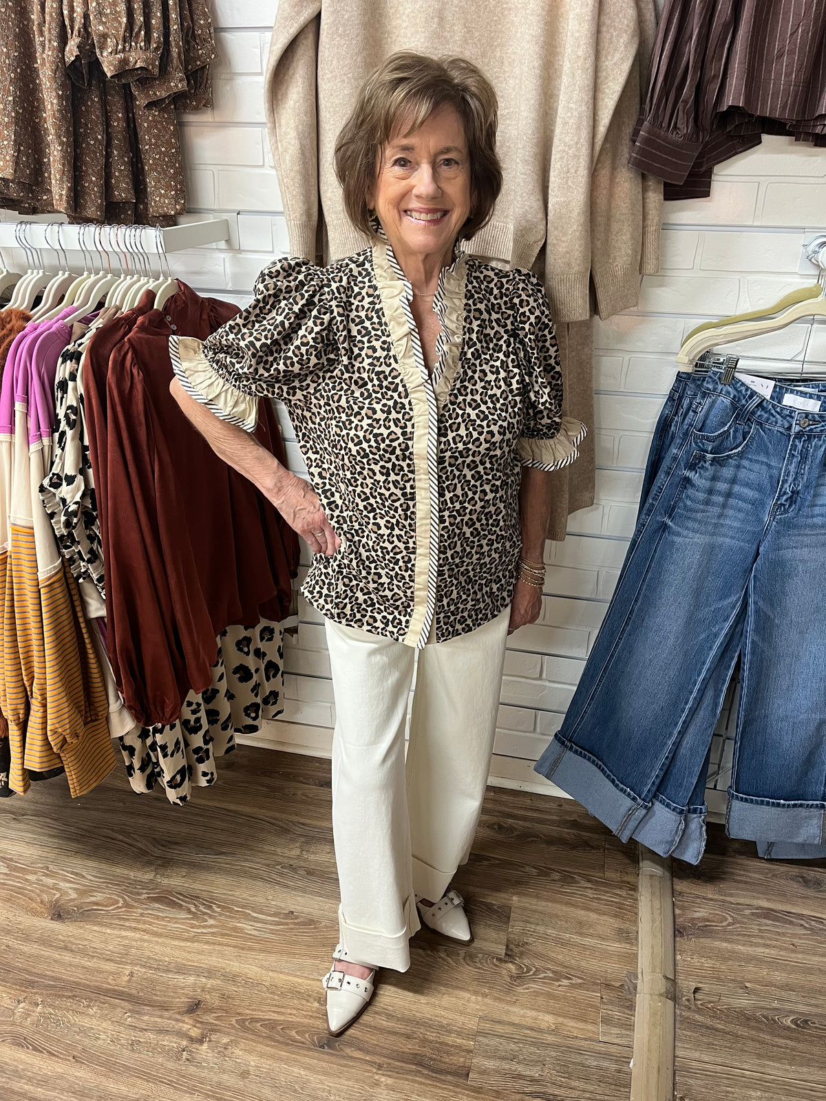 TAUPE LEOPARD RUFFLE NECK STRIPE TRIM TOP