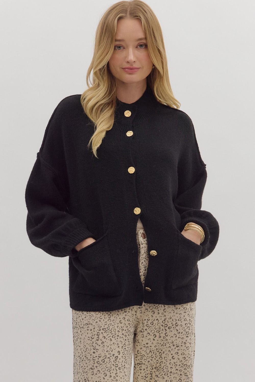 BLACK GOLD BUTTON KNIT CARDIGAN