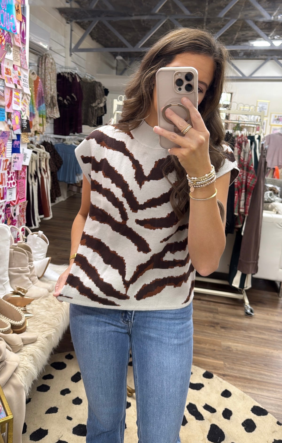 BROWN ANIMAL PRINT MOCK NK SWEATER