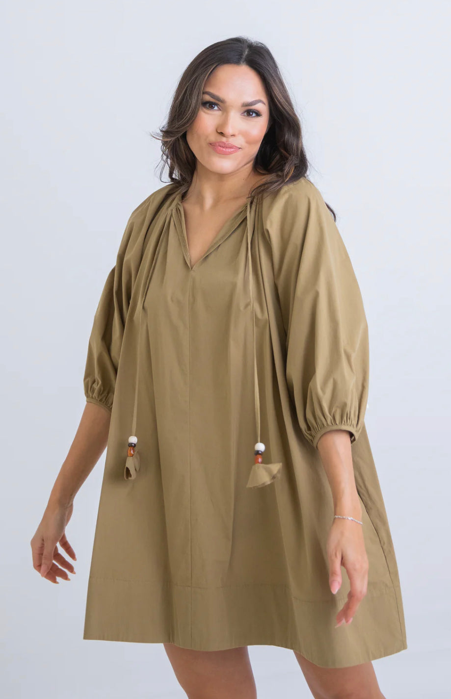 OLIVE VNECK POPLIN SWING DRESS