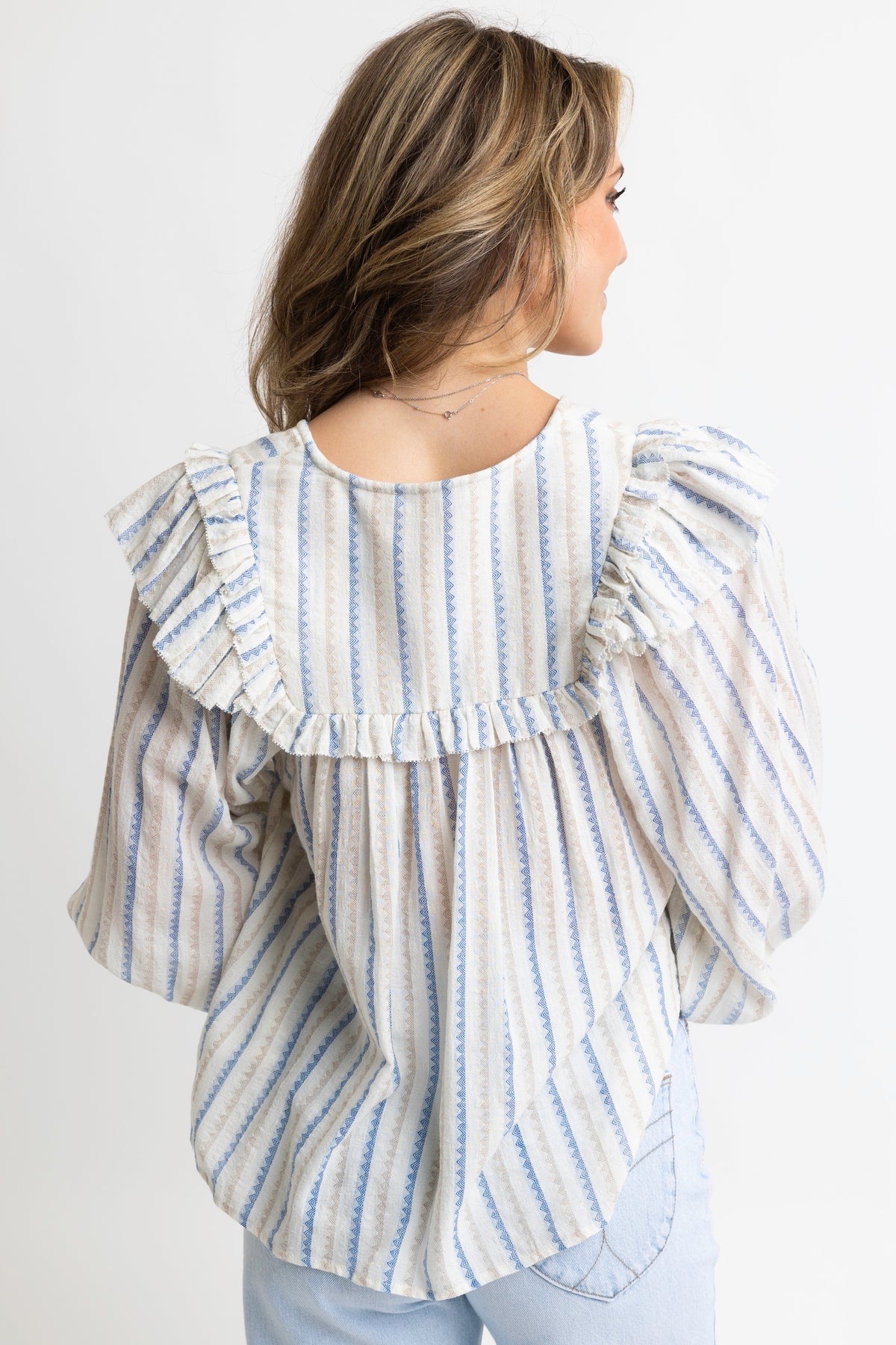 STRIPE NEUTRAL RUFFLE VNECK TOP- FINAL SALE