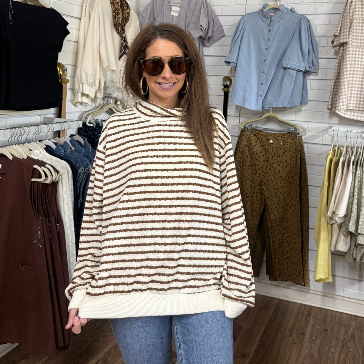 MOCHA STRIPE MOCK NECK TOP