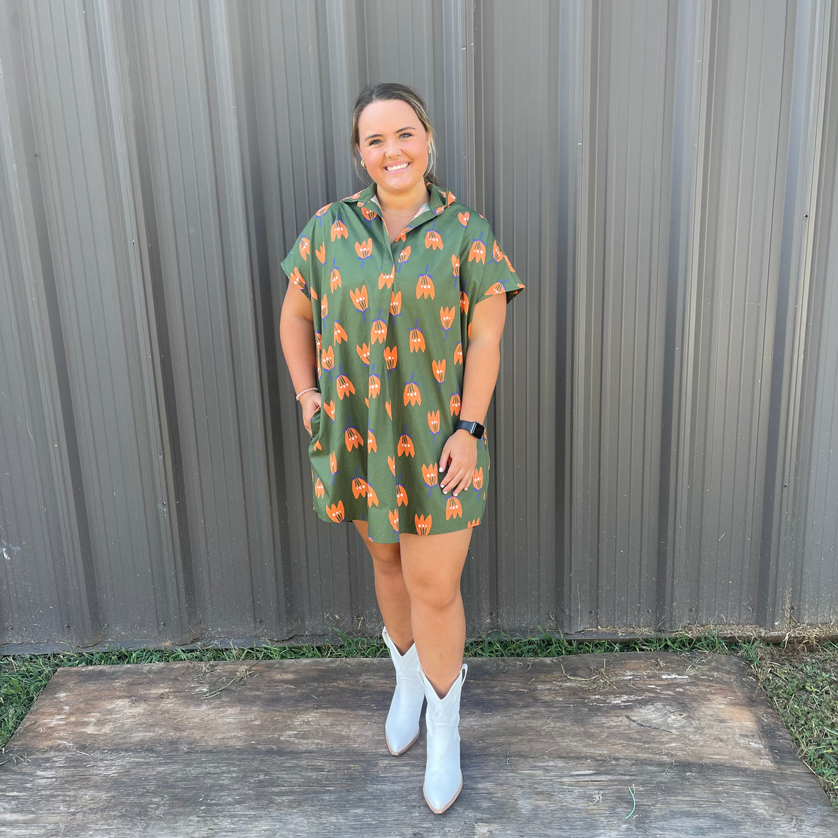 OLIVE POPPY COLLAR POPLIN DRESS