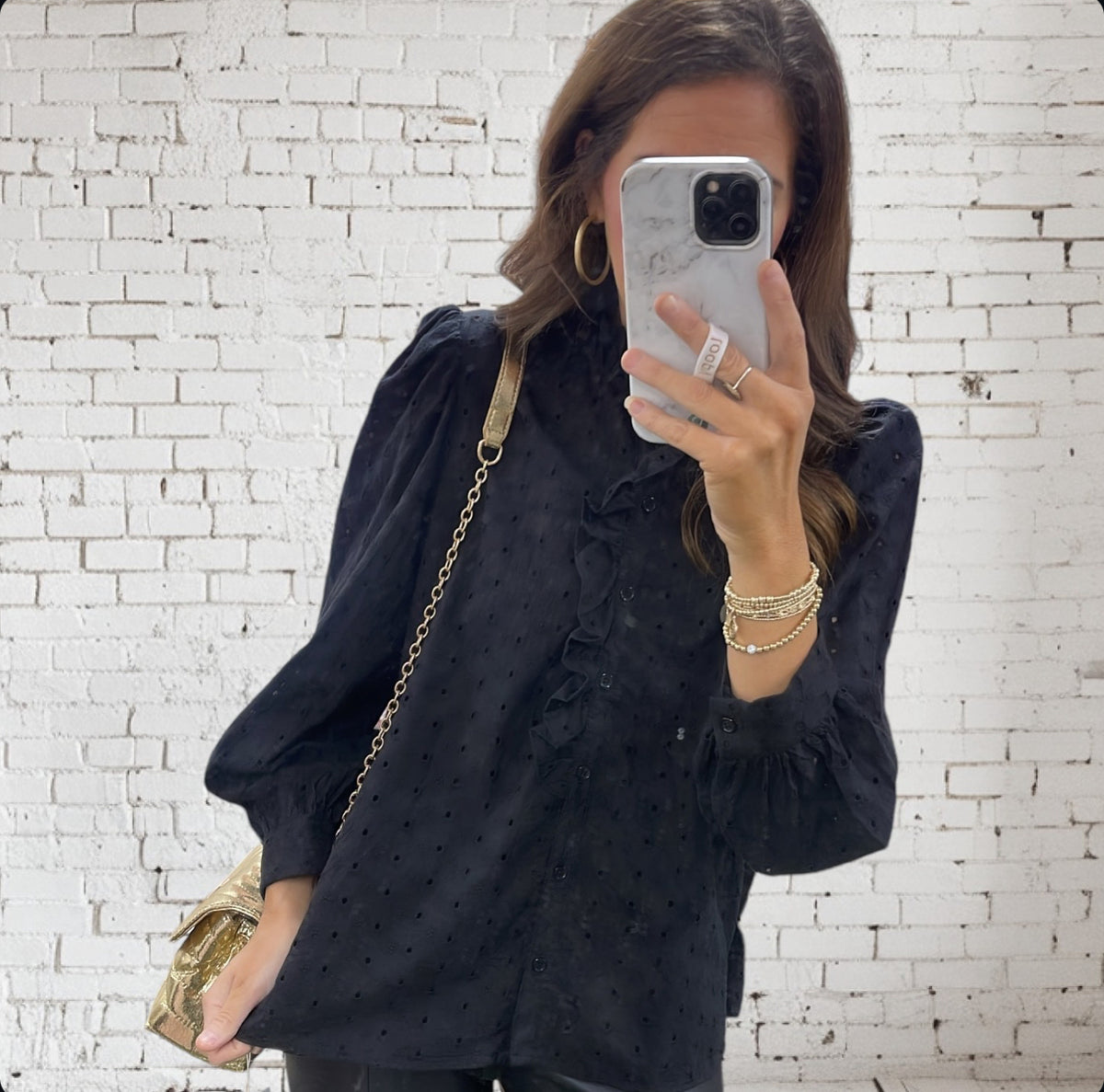 BLACK EYELET RUFFLE BUTTON BLOUSE