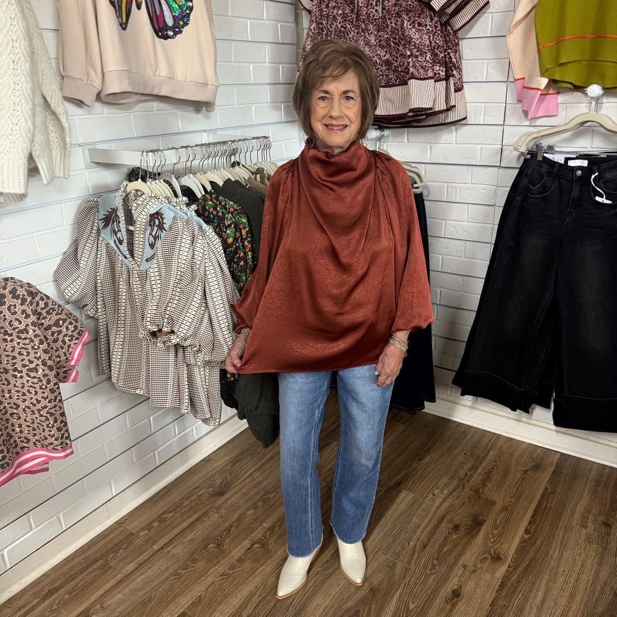 COGNAC DRAPED MOCK NECK TOP