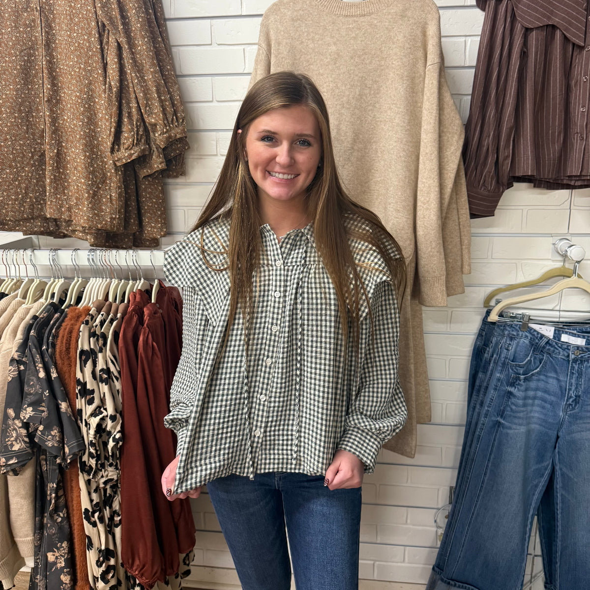 GREEN GINGHAM PETER PAN COLLAR TOP