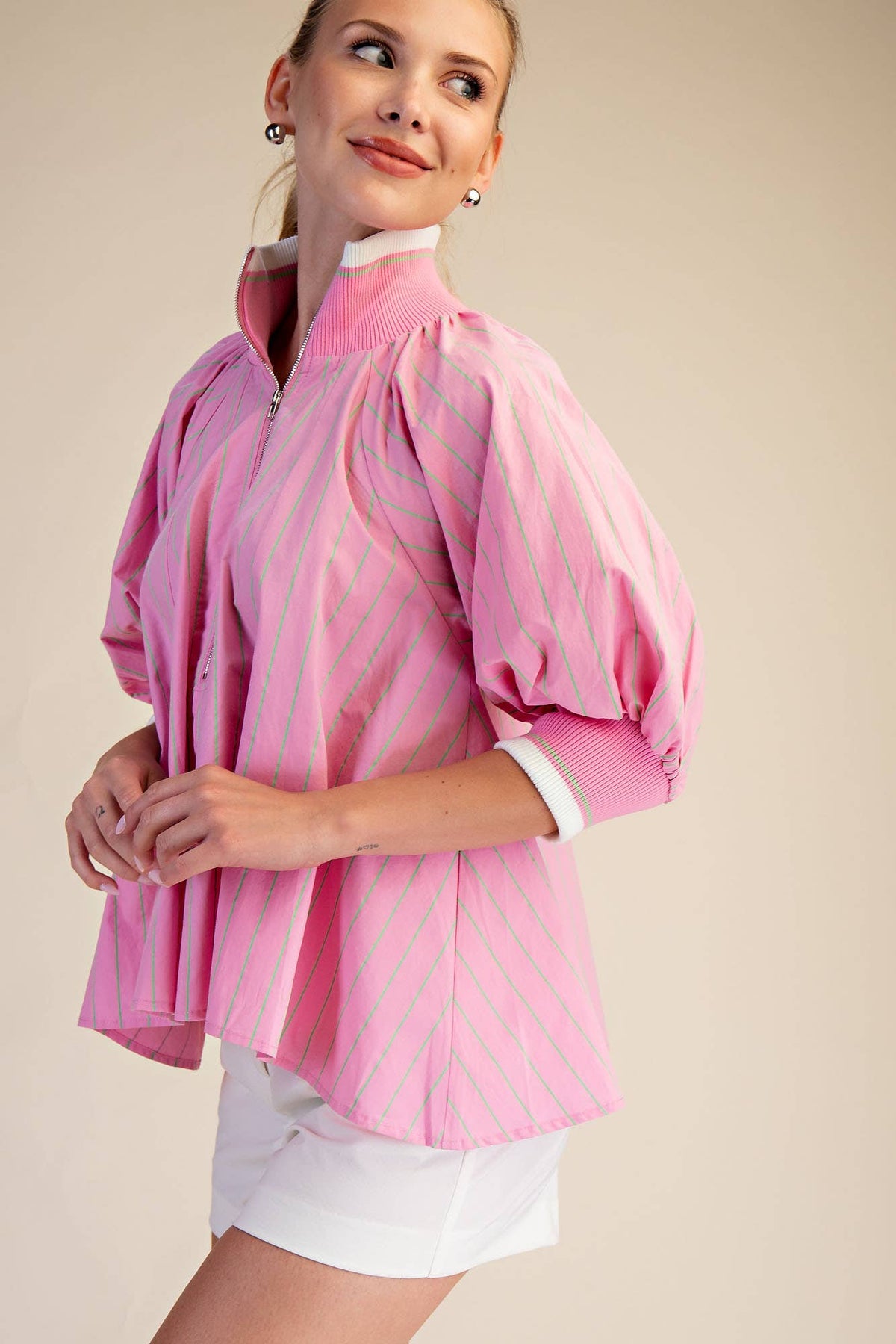 PINK MOCK NECK PUFF SLV TOP