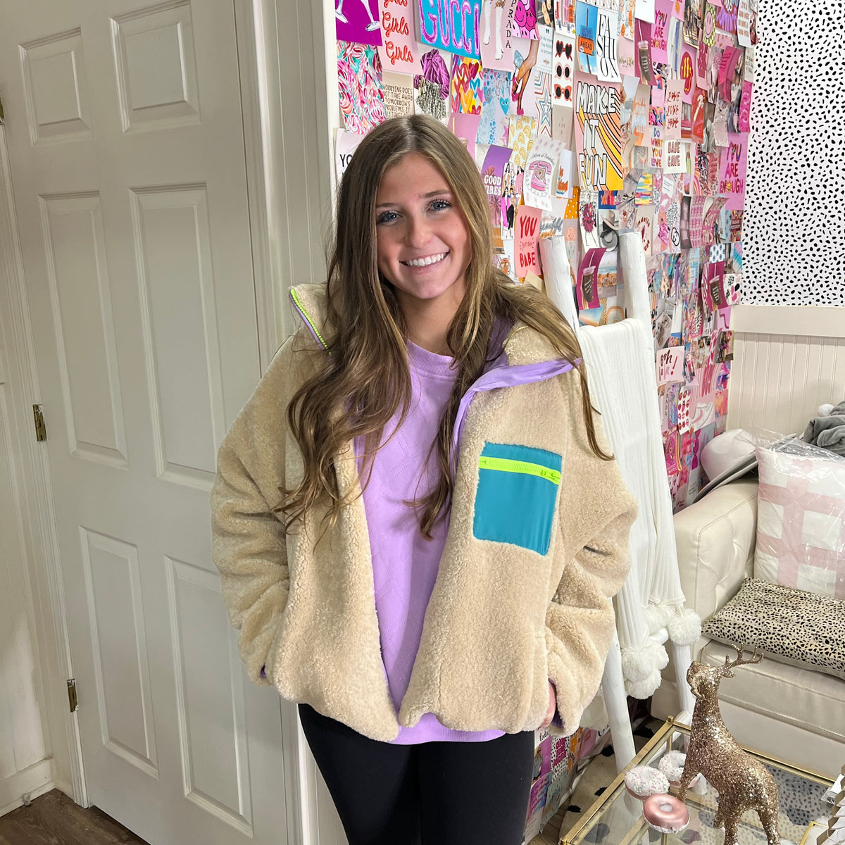 IVORY RETRO COLOR-BLOCK FLEECE JACKET