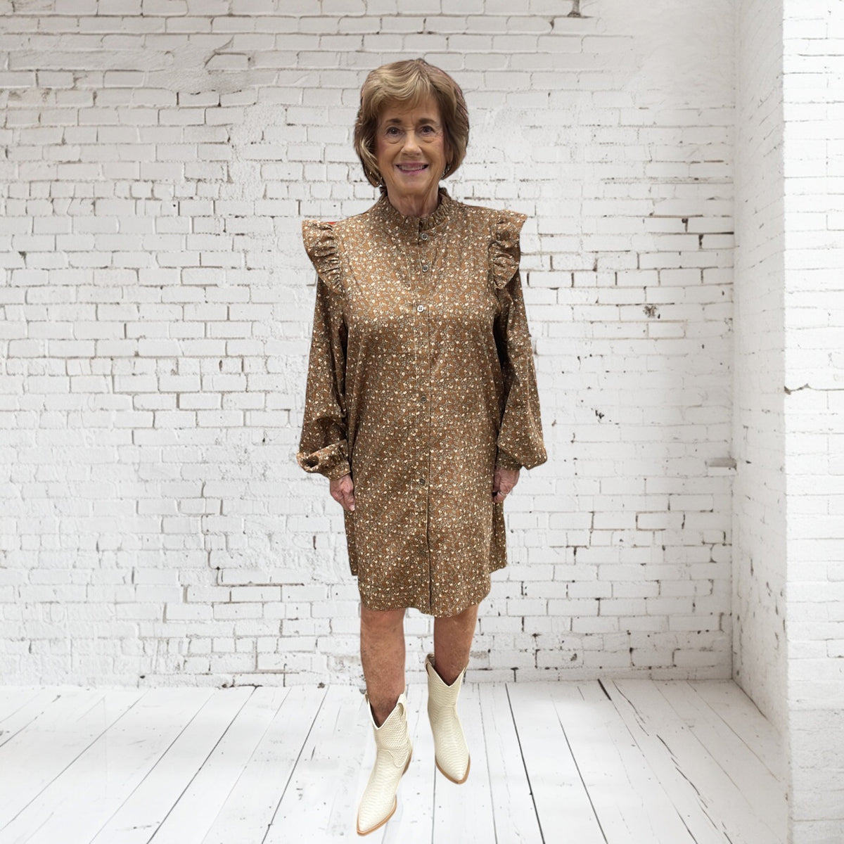 FLORAL BUTTON CORDUROY DRESS