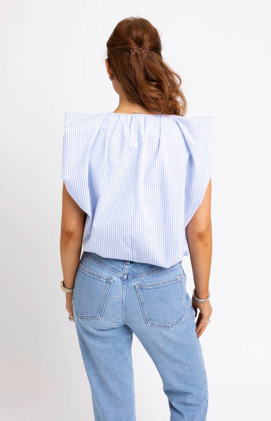 BLUE STRIPE BUBBLE POPLIN TOP