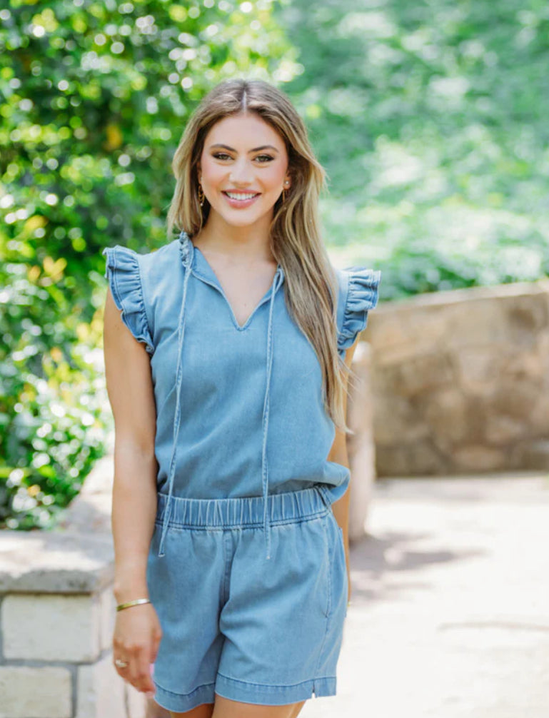 DENIM RUFFLE SLV TOP