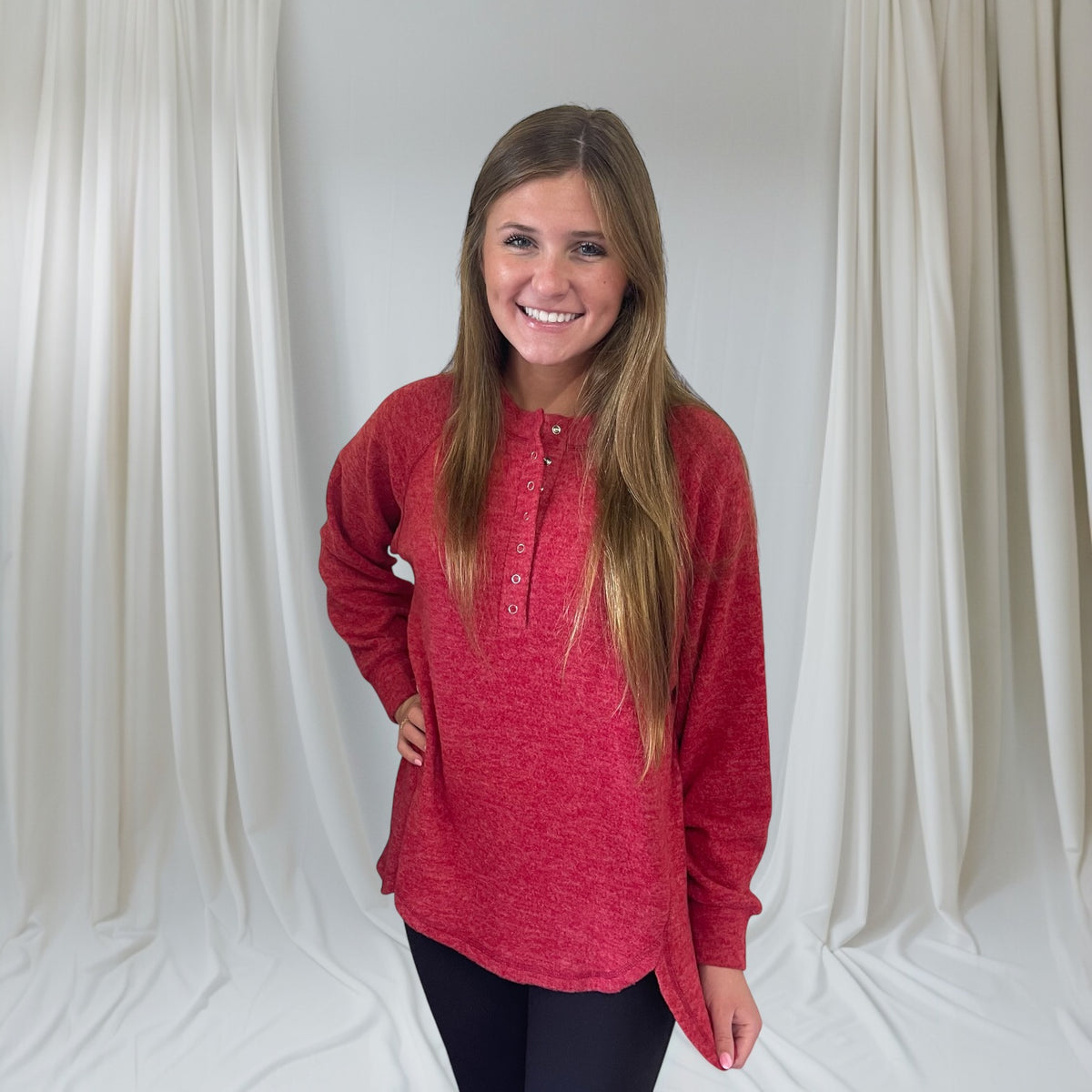 RED MAGGIE HACCI HENLEY SWEATER-FINAL SALE