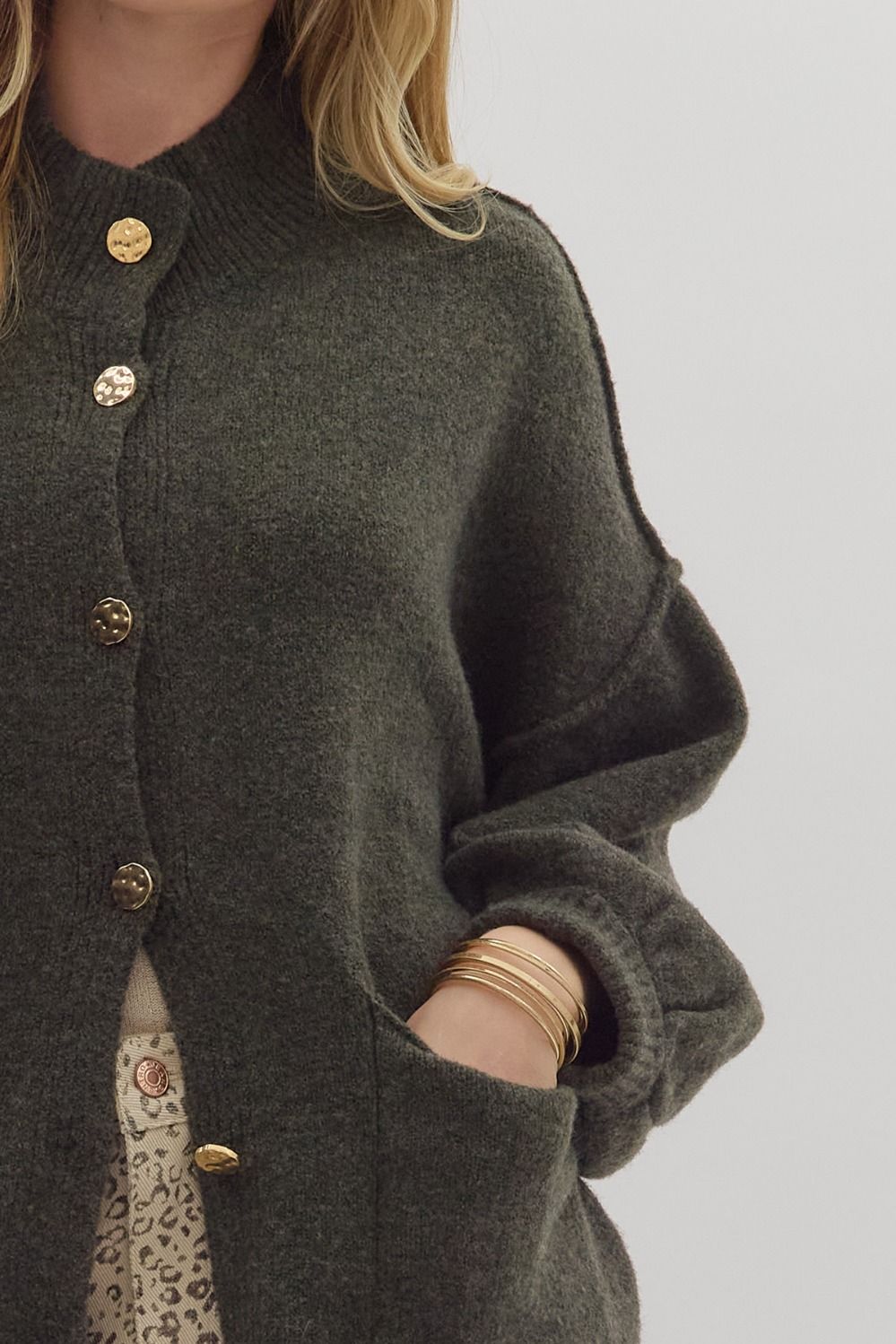 OLIVE GOLD BUTTON KNIT CARDIGAN