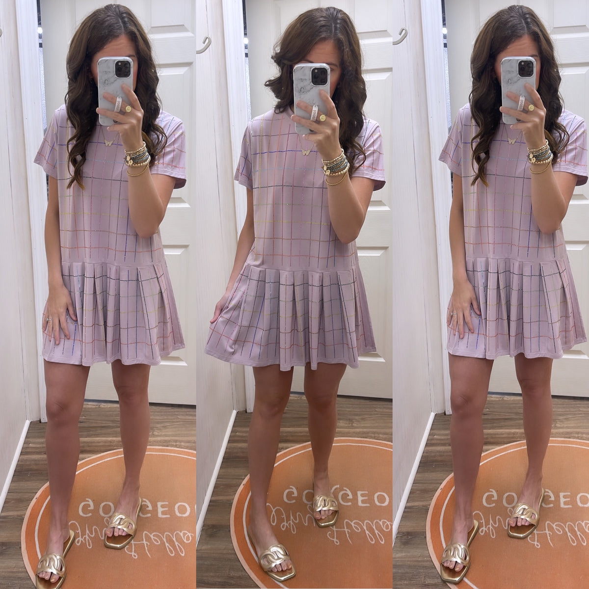 QOS PINK RHINESTONE PLAID TEE DRESS