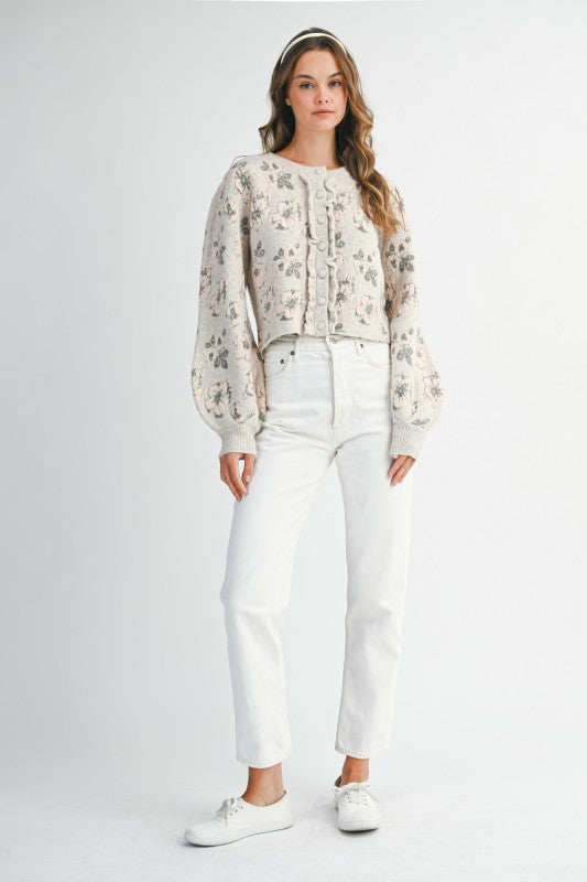 TAUPE FLORAL JACQUARD KNIT CARDIGAN SWEATER