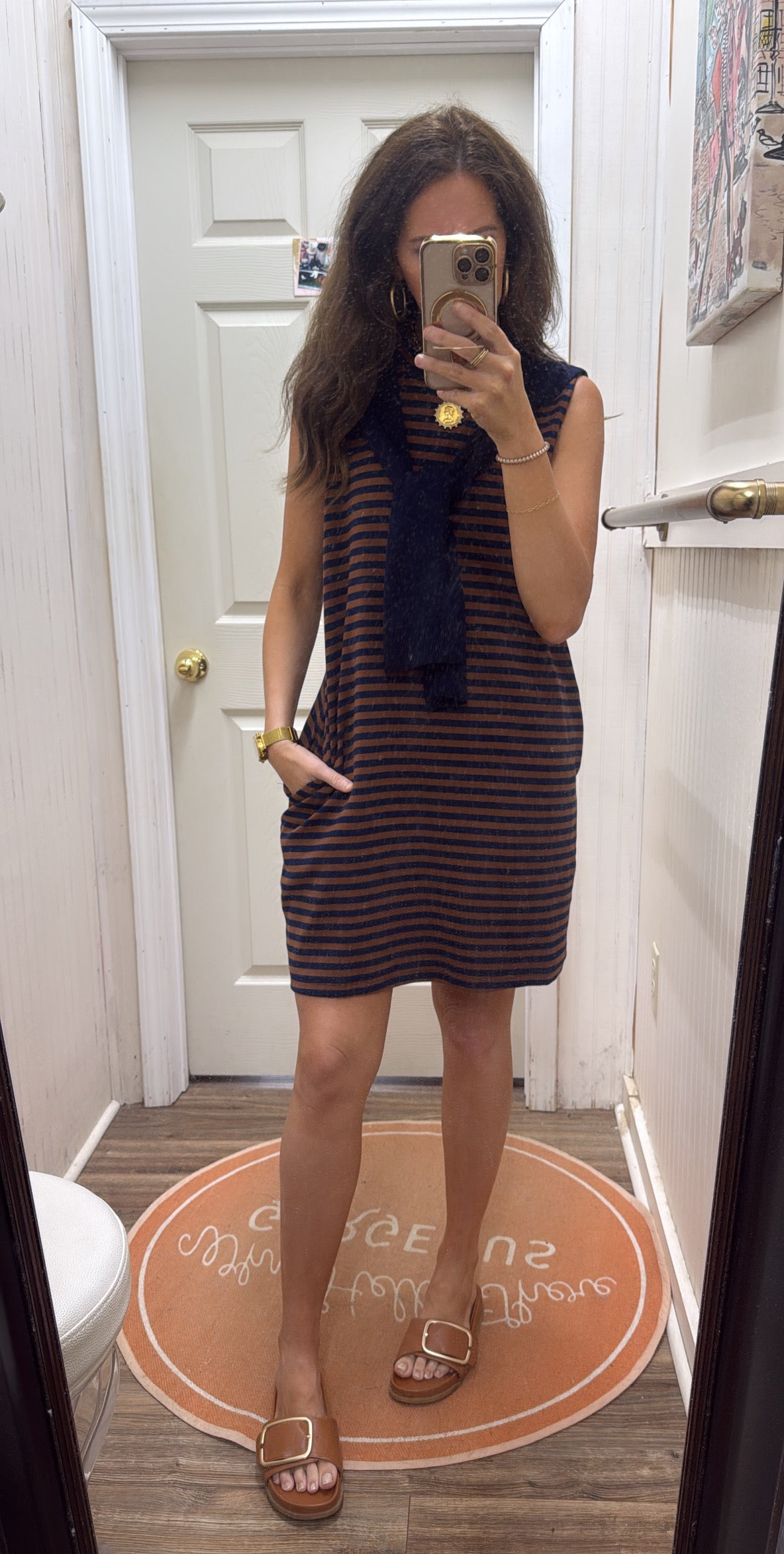 BROWN NAVY STRIPE SWEATER OVERLAY DRESS