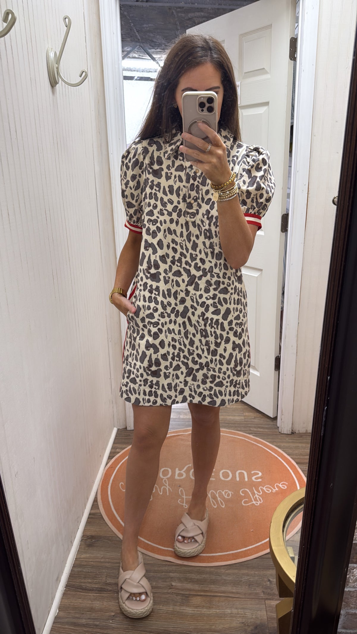 TAN LEOPARD RED ACCENT STRIPE DRESS